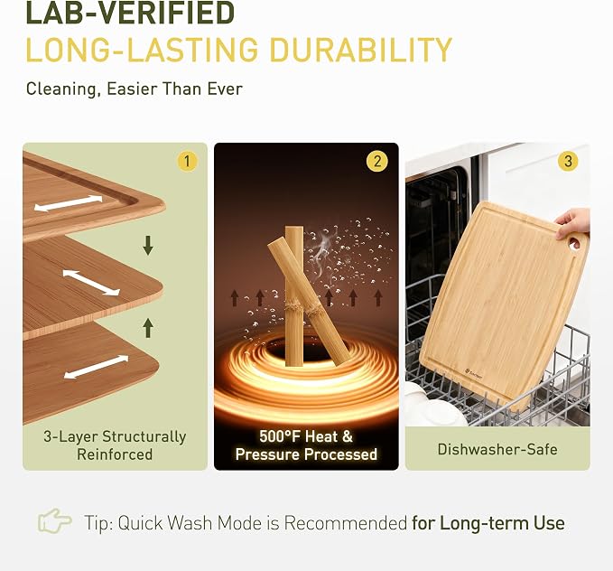Lightweight Durable Bamboo Cutting Board with Non-Slip Feet, Reversible Wood Cutting Board with Juice Groove Easy to Store & Clean, Water-Resistant Ideal Kitchen Gift for Home Cooks