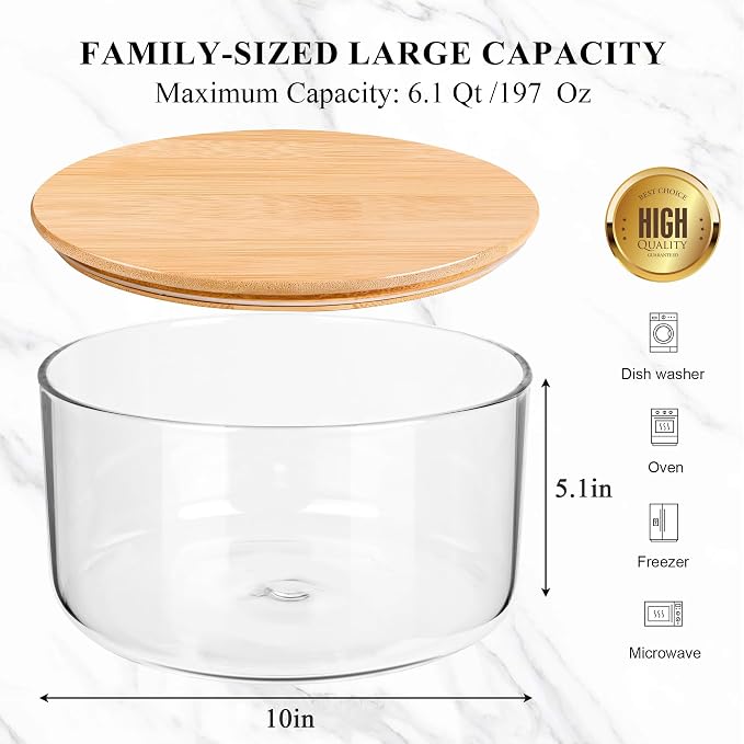 LOVYANXUE Glass Trifle Bowl with Bamboo Lid, 197 oz Large Glass Salad Bowl - Versatile Mixing and Serving Dish for Cake, Salad, Fruit, Baking, Dessert, Meal Prep, Storing, Microwave & Oven Safe