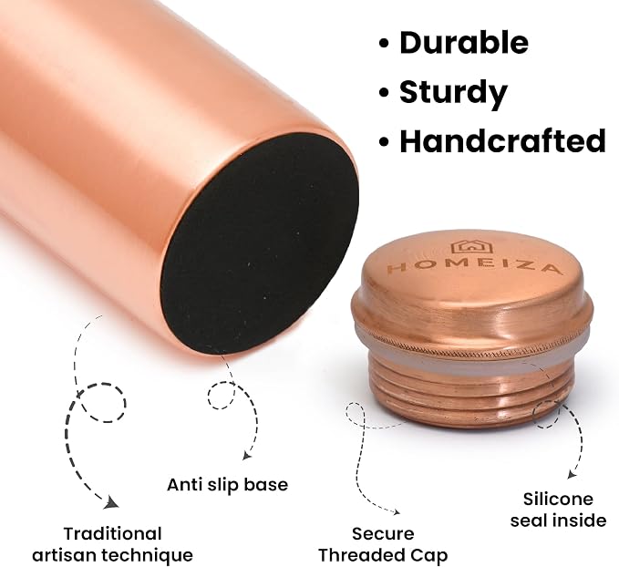 Pure Copper Water Bottle for Drinking Water, 34 Oz Plain Finish with Leak-Proof Cap, Stay Hydrated and Enjoy Natural Benefits. Handcrafted Reusable Water Bottle with Bag & Cleaning Brush