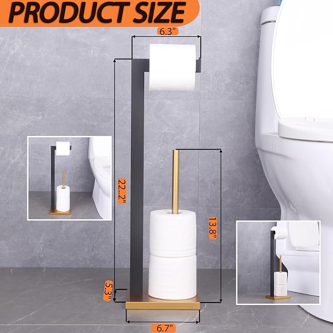 GERZWY Free Standing Toilet Paper Holder, SUS 304 Stainless Steel Toilet Paper Stand with Reserve (Black & Gold) DZY004-BD