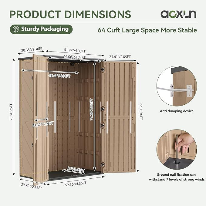 Aoxun Outdoor Storage Shed with Floor, 64 Cu.Ft Outdoor Storage Cabinet | Large Waterproof Vertical Resin Shed for Garden Tools, Pool Equipment, Brown