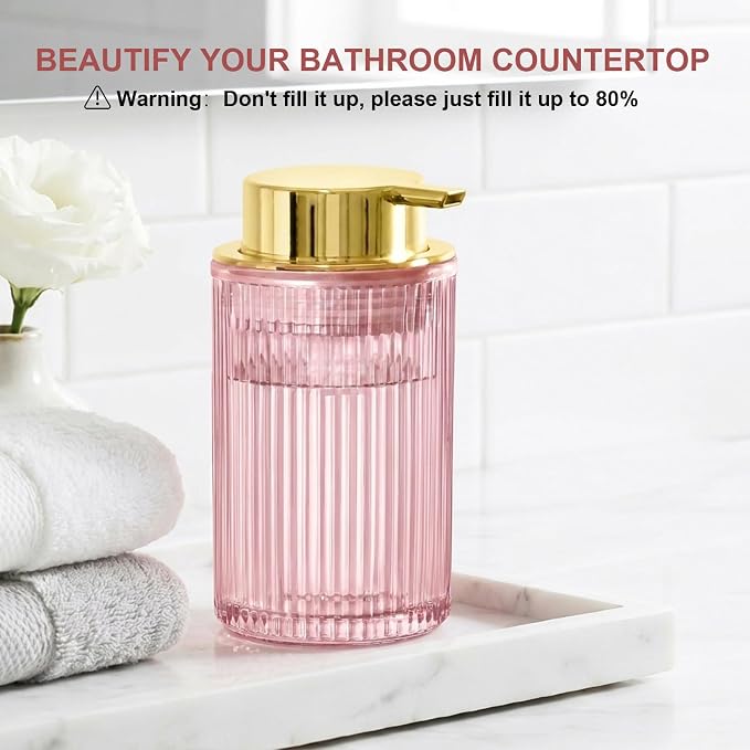 KASUNTING Pink Glass Foaming Soap Dispenser, Ribbed Foam Hand Soap Dispenser for Bathroom, 11 Fl Oz Refillable Foaming Pump Bottle with Black Pump, Modern Dish Soap Foam Dispenser