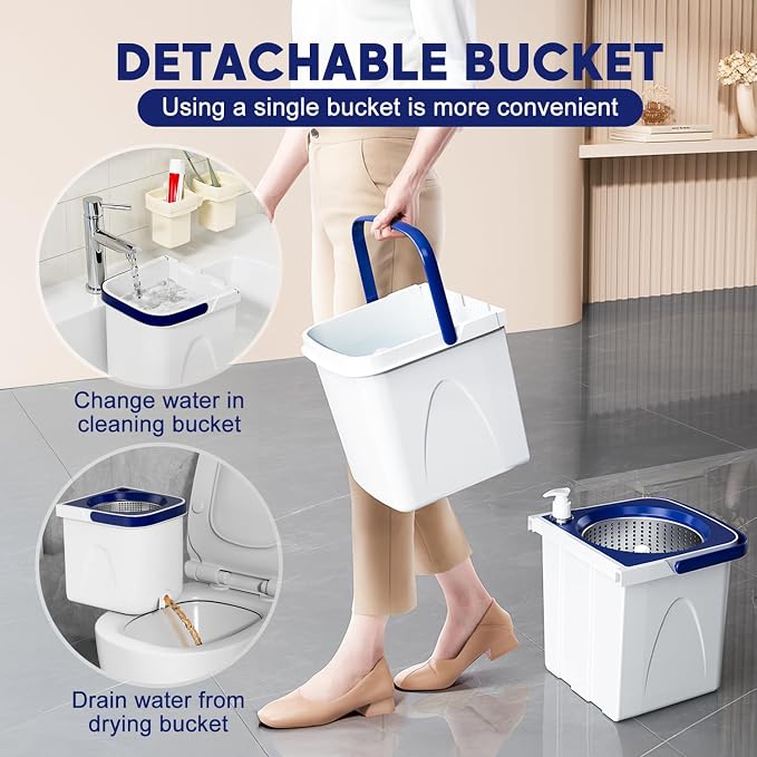 Spin Mop and Bucket with Wringer Set Two-Detachable Bucket Design Mop System, Separate Clean and Dirty Water 360° Spinning Floor Cleaning with 51" Adjustable Handle-3Mop Heads