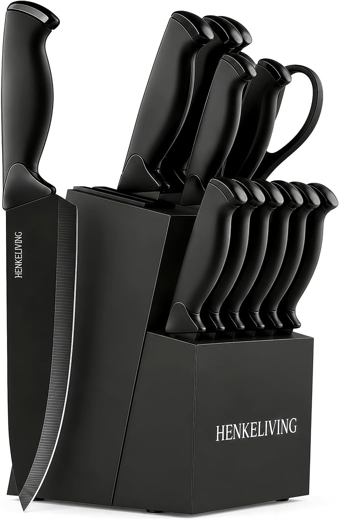 14-Piece Black Kitchen Knife Block Set with Built-In Sharpener | German high-carbon stainless steel blades, dishwasher safe, ultra-sharp edges, ergonomic non-slip handles