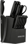 14-Piece Black Kitchen Knife Block Set with Built-In Sharpener | German high-carbon stainless steel blades, dishwasher safe, ultra-sharp edges, ergonomic non-slip handles