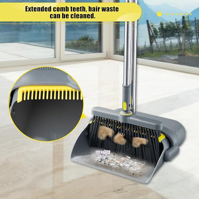 Broom with Dustpan Combo Set, 52'' Long Handle Stainless Steel Poles, Self Cleaning Dustpan Teeth for Home Sweeping Indoor Outdoor Kitchen Office Restaurant Apartment Pet Hair Cleaning Tools