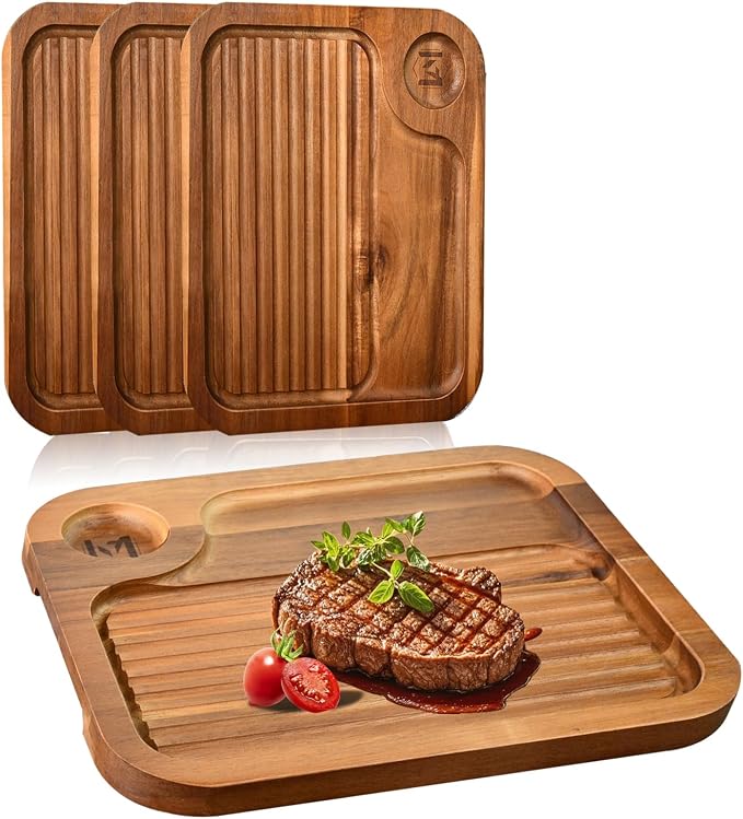 4 pcs Acacia Wood Steak Plates,Carnivore Meat Cutting Board for Eating | Carved Wooden Serving Trays Food Serving Platter Cheese Charcuterie Board with Deep Groove & Hidden Handles Housewarming Gift