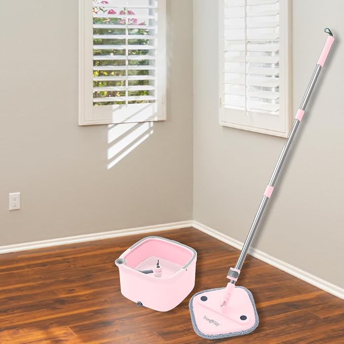 True & Tidy Square Spin Mop & Bucket System, 2 Machine Washable Pads, Rose