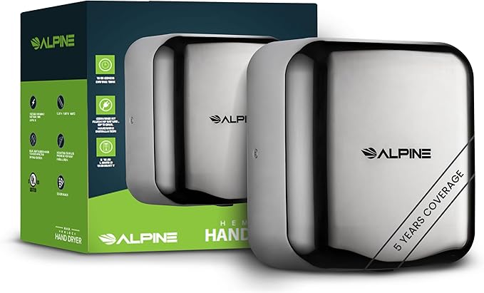 Alpine Industries Hemlock Automatic High Speed Hand Dryer - Heavy Duty Stainless Steel - Commercial High Speed Hot Air Hand Blower | 1800Watts | 110-120Volts | Quick & Easy Installation (Chrome)