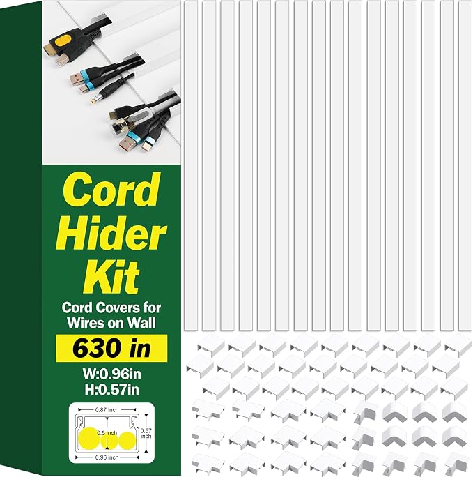 AZEN Cord Hider Kit, 630in Cord Covers for Wires on Wall, Paintable Wire Covers for Cords on Wall, Self-Adhesive Cable Hider Cord Organizer, Wire Hiders, 40X L15.75in X W0.96in x H0.57in
