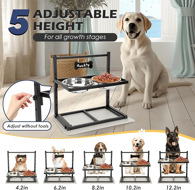 ADENGL Elevated Dog Bowls with Slow Feeder, 5 Adjustable Heights, Anti-Slip, Durable Metal Frame, Spill Proof Mat, Rust-Resistant Bowls, Easy to Clean