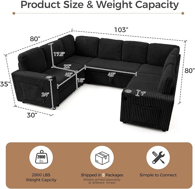 Oversized U Shaped Sectional Sleeper Sofa with Pull Out Bed, Black | 8 Seat Modular Design, Hidden Storage Space, Soft Corduroy Fabric, USB Charging, Cup Holders, Removable Covers, Easy Assembly