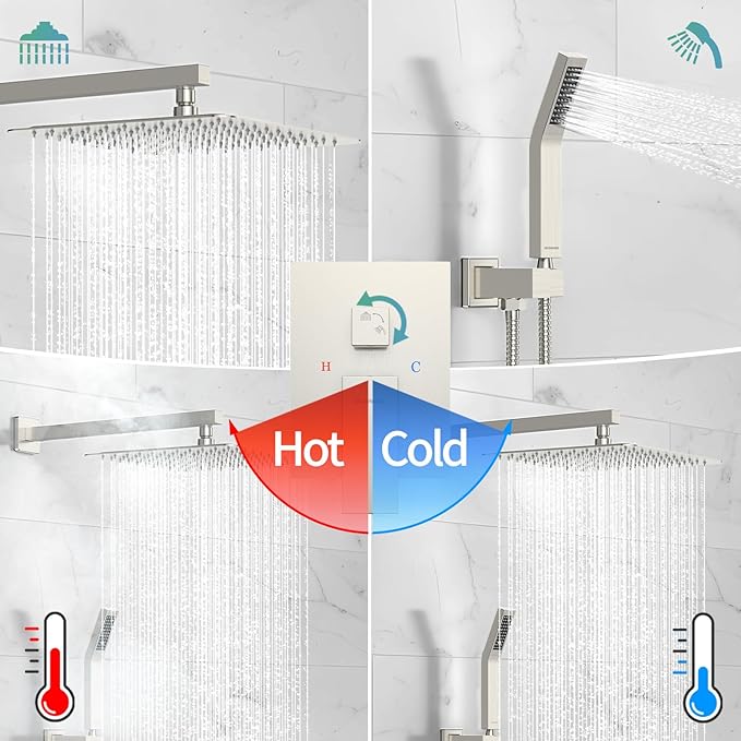 SR SUN RISE 12 Inches Bathroom Luxury Rain Mixer Shower Combo Set Wall Mounted Rainfall Shower Head System Brushed Nickel Finish Shower Faucet Rough-In