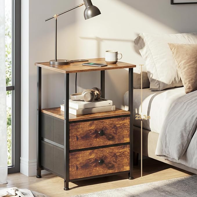 Night Stand, Nightstands Set of 2 with Charging Station | Bedside Table with 2 Fabric Drawers for Bedroom, End Tables with Storage Shelf for Small Spaces, Rustic Brown