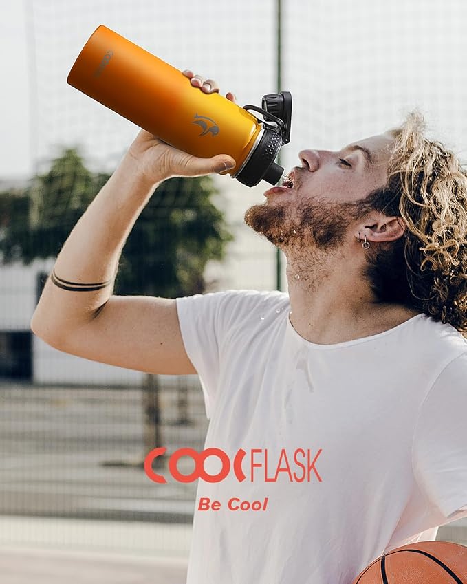 Coolflask Water Bottle 24 oz Insulated with Straw, Stainless Steel Metal 3 Lids Water Flask Wide Mouth for Sports or Office, Non-BPA Keep Cold Up to 48 Hrs or Hot Up to 24 Hrs, Ombre Yellow/Orange