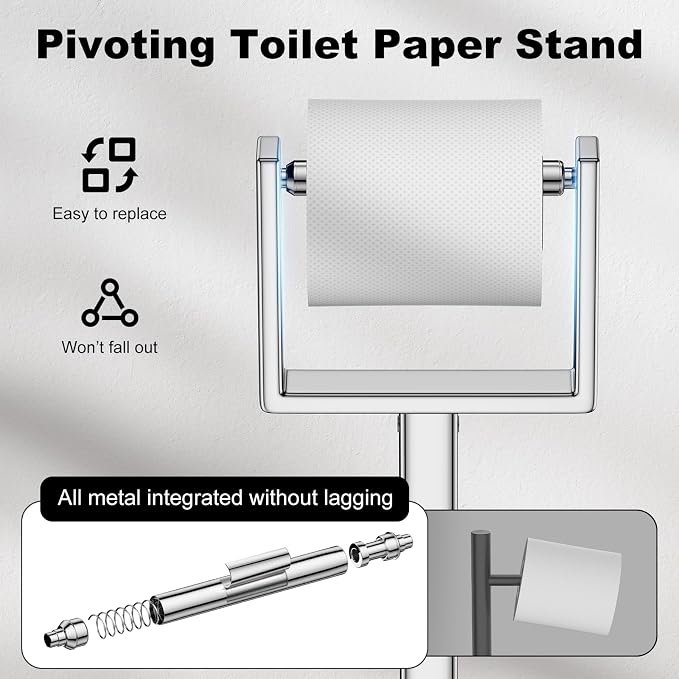 Silver Toilet Paper Holder Stand，Stainless Steel Toilet Paper Holder Free Standing，Stable Weighted Base Floor Tissue Roll Holder for Bathroom，Modern Pivoting Toilet Paper Stand