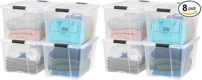 IRIS USA 72 QT Plastic Storage Box with Lid and Latches - 8 Pack - BPA-Free, See-Through Organizing Solution, Durable Nestable Stackable Containers, Secure Pull Handle - Clear