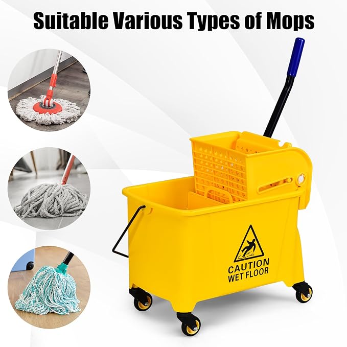 Goplus Commercial Mop Bucket with Wringer, Household Portable Mop Bucket, Ideal for Household and Public Places Floor, 21 Quart Capacity, Yellow (21 Quart)
