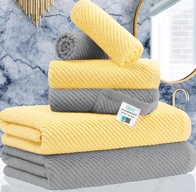 VOOVA & MOVAS 6PC Towel Set, 100% Cotton, Grey Yellow | 2 Large Bath 30x56 In, 2 Hand 18x28 In, 2 Washcloths 13x13 In, Soft, Quick Dry, Thick, Bath Towels With Hanging Loop