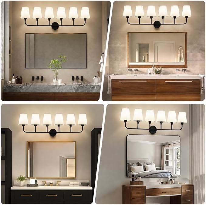 Bathroom Vanity Light, Matte Black Bathroom Light Fixtures, 6-Light Lighting Fixtures Over Mirror, Modern Wall Sconce with Flared White Fabric Shade, E26 Socket(ETL Listed)