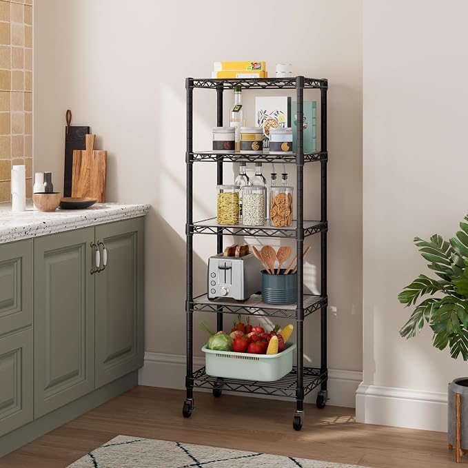 Golpart Small 5 Tier Shelves Storage Wire Shelving Unit Metal Shelf Adjustable Organizers Storage Shelving with Wheels for Bathroom Laundry Room Kitchen Pantry11.7”D x 17.7”W x 57.2”H Black