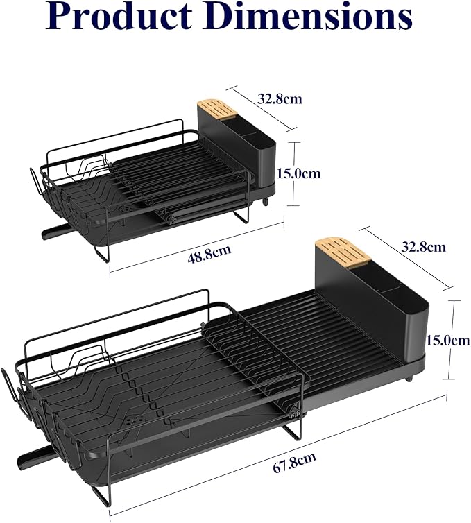 Kitsure Large Dish Drying Rack - Extendable Dish Rack, Multifunctional Dish Rack for Kitchen Counter, Anti-Rust Dish Drainers with Cutlery & Cup Holders 19.2"-26.7" L x 12.9" W, Black
