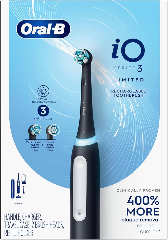 Oral-B iO Series 3 Limited Deep Clean Rechargeable Electric Toothbrush for Adults, Black, 3 Modes, Smart Pressure Sensor, Plaque Removal and Gum Care, 2 Replacement Brush Heads, Travel Case