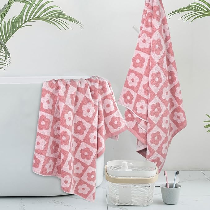 2-Pieces Luxury Bath Towels Checkered Floral, Pink Towels for Women Girls | Shower Body Towel 27.5x55 Inches, Bathroom Decor & Pool Days, Cotton
