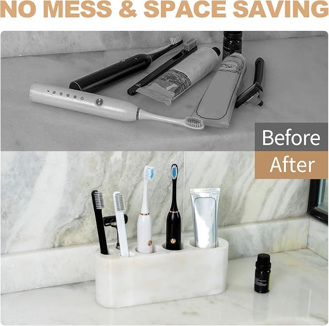 BCS Toothbrush Holder for Bathrooms, 6 Slots Marble Toothbrush and Toothpaste Holder Stand Bathroom Organizer Countertop for Electric Toothbrush, Floss, Razor, Comb - Karibib Ice