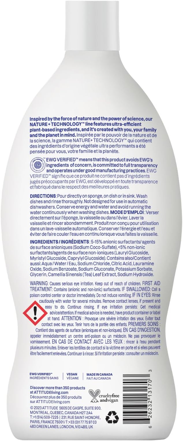 ATTITUDE Dish Soap, EWG Verified, Plant-Based & Vegan Dishwashing Liquid, Naturally Derived, Unscented, 23.7 Fl Oz (Pack of 3)