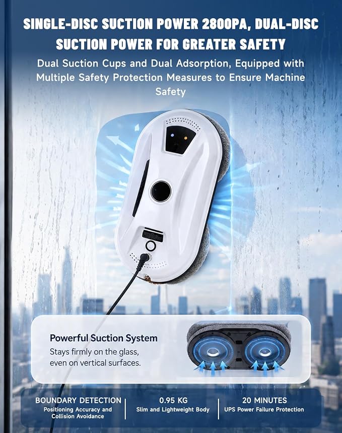 Automatic Window Cleaning Robot, Robot Window Cleaner with AI Intelligent Positioning & Edge Detection & Powerful Suction, Anti-Drop Safety for High-Rise Glass & Large Bay Windows