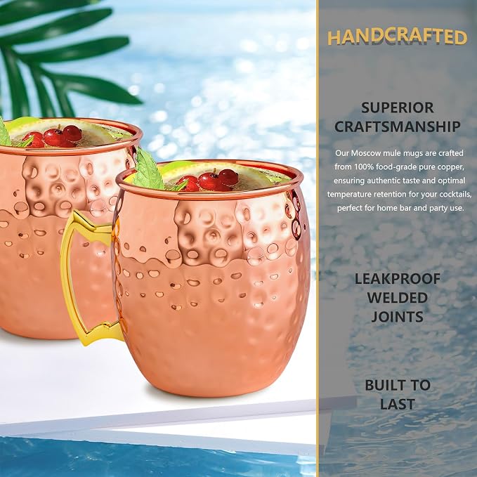 UNISWEET Moscow Mule Copper Mugs-100% Pure Copper Handmade, Gold Brass Handles, 16oz for Drinking, Premium Moscow Mule Copper Cups Set of 4 for Cold Drinks Cocktail Beer Wine Party Bar