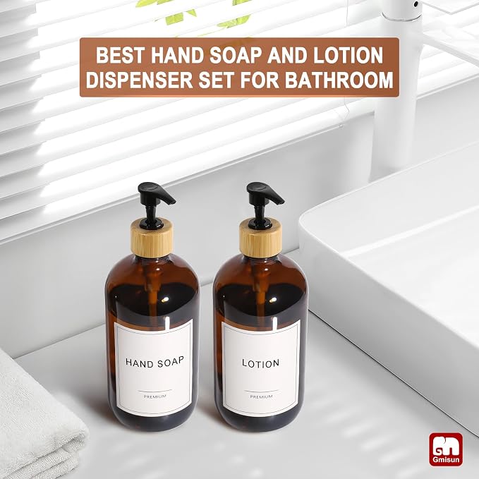 GMISUN Amber Glass Soap Dispenser, 2 Pack Bathroom Hand Soap Dispensers with Bamboo Pump, 17 Fl Oz Kitchen Hand and Dish Soap Dispenser Set, Modern Vintage Liquid Brown Soap Dispensers Bottle