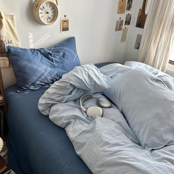 mixinni 100% Washed Cotton Duvet Cover Set Twin Size, Solid Light Blue Ocean Themed Chic Bedding, Soft Breathable Minimalist Comforter Cover with Zipper Closure & Corner Ties-Twin Size