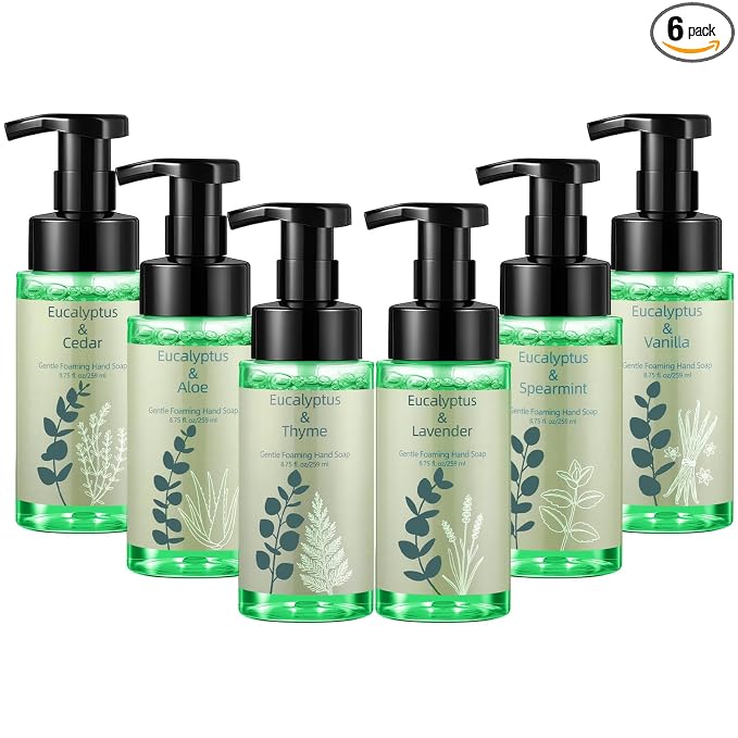 6 Pack Eucalyptus Foaming Hand Soap with Pump Care Moisturizing Liquid Eucalyptus Scented Foam Hand Wash 2026 New Year Gifts for Kitchen Bathroom Family Teacher Staff 8.75 Fl. oz