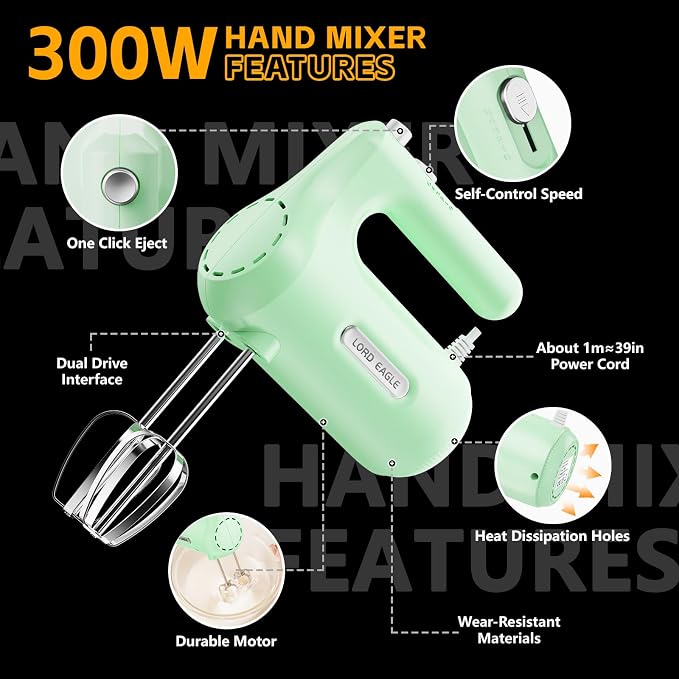 Lord Eagle 5-Speed Hand Mixer Electric, 300W Compact Handheld Mixer, Portable Kitchen Egg Beater with 5 Attachments & Storage Bag, Cake Supplies for Bread Dough Baking, Lightweight, Green