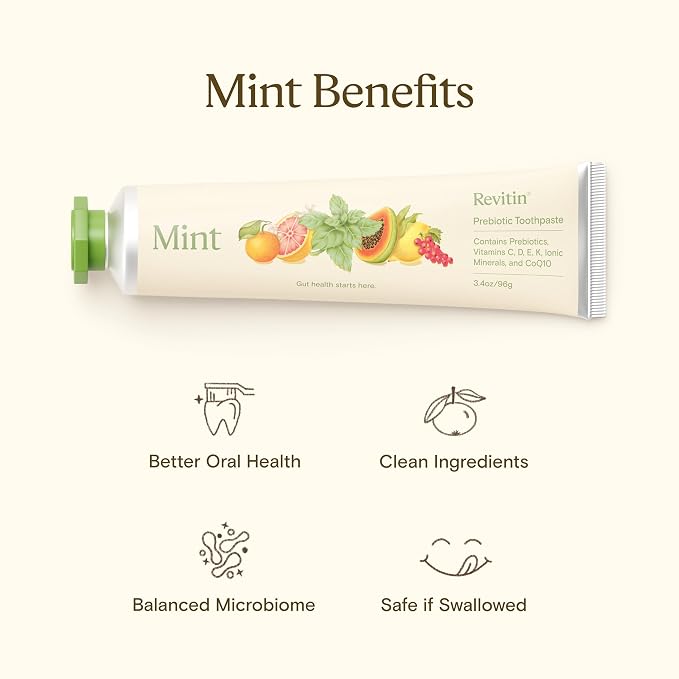 Revitin Fluoride-Free Prebiotic Mint Toothpaste, 3.4 oz – SLS-Free, Gluten-Free, Dye-Free, GMO-Free, Sweetener-Free Tooth Gel for Kids and Adults