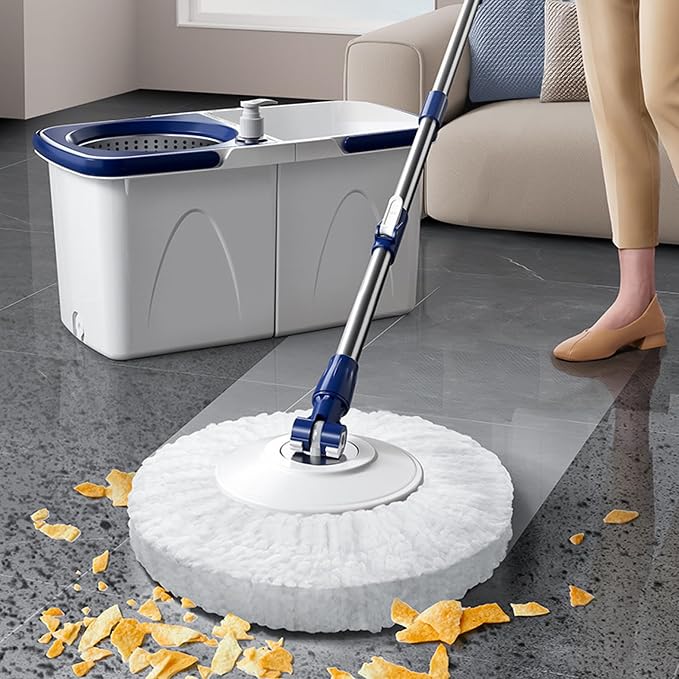 Spin Mop and Bucket Set 43-51 Microfiber 15 Telescopic Round Mop with Wringer, 2 Pads and Detachable Bucket Drain for HomeSpin