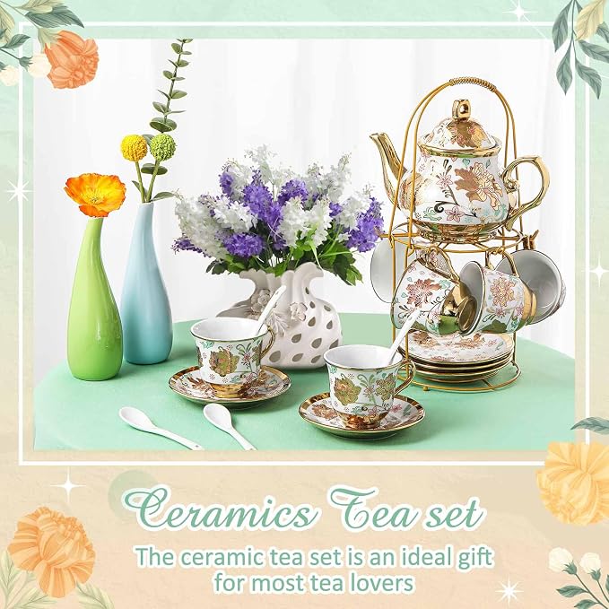Zhehao 20 Pcs Porcelain Tea Set with Metal Holder and Spoon Adult Ceramic Tea Set European Flower Painting Teapot Cup Saucer Spoon for Women Mom Gift, Large Version (Elegant Style)