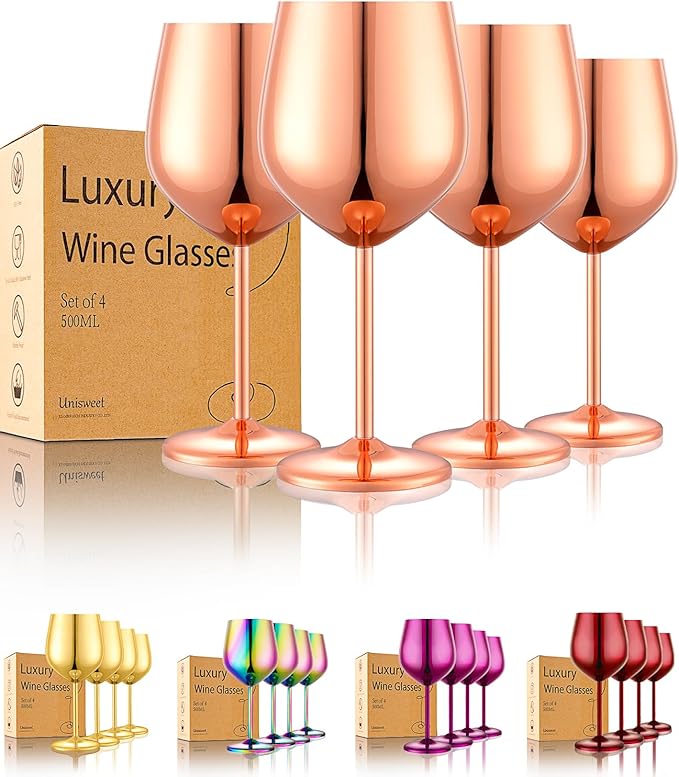 UNISWEET Unbreakable Stainless Steel Wine Glasses Set of 4, Rose Gold | 17oz Unique Fancy Metal Wine Goblets, Shatterproof, Ideal for Outdoor, Camping, Travel, Pool, Great Gift for Wine Lovers