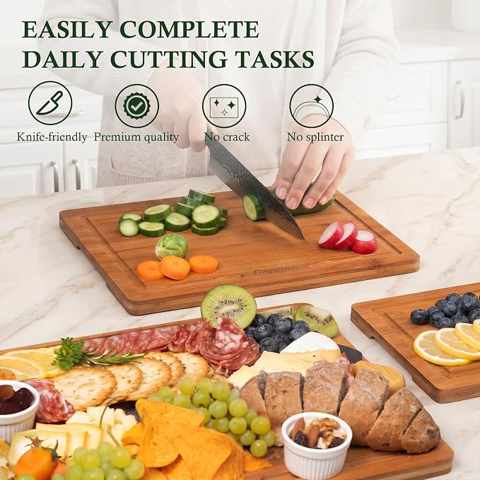 Empune Bamboo Cutting Boards for Kitchen, 3 Piece Extra Thick Cutting Board Set with Juice Groove, Deep Carbonized Bamboo Chopping Board, Reversible Wood Cutting Board for charcuterie boards, Brown