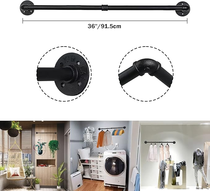 Oroonoko 2PCS 36inch Industrial Pipe Clothes Rack Wall Mount For Hanging Rod Bar for Laundry Room Plant Hanger Indoor Up to Max Load 132lbs Black (36 inch(2 Packs))