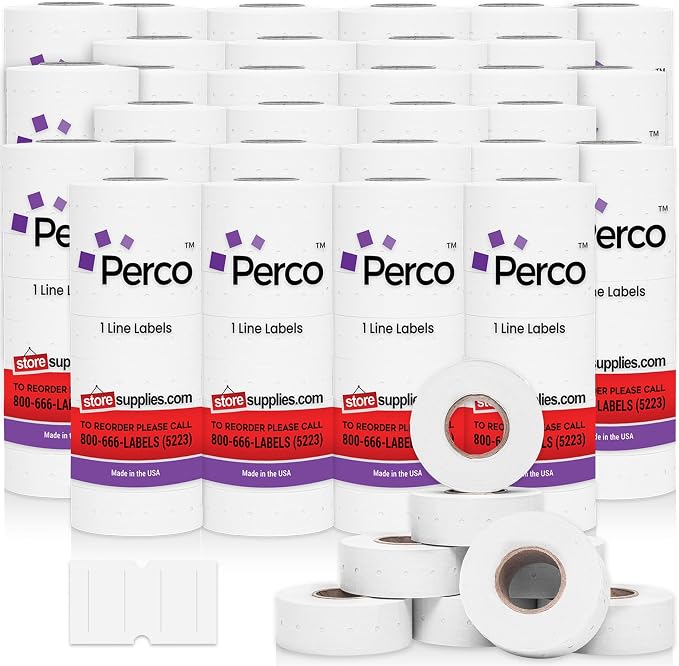 Perco 1 Line White Labels - 240,000 Blank Pricing Labels for Perco Lite, X, Plus and Pro 1 Line Price and Date Guns- 240 Rolls, Case of 30 Sleeves - Made in USA