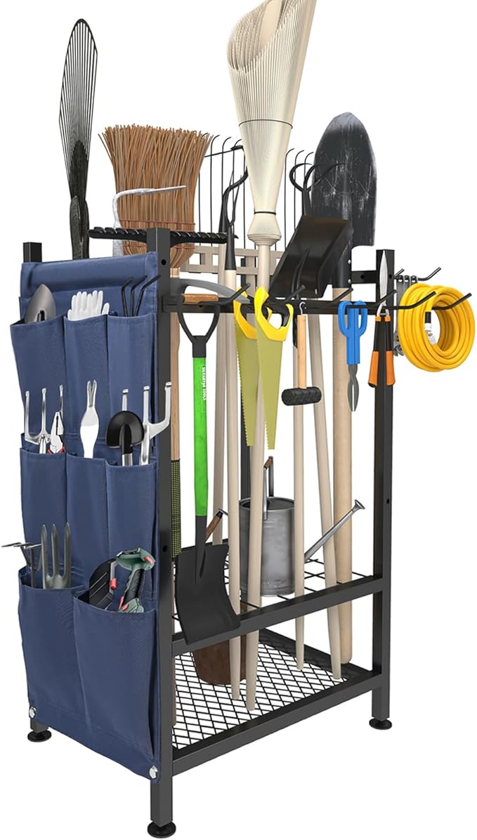 Garden Tool Organizer, Garden Yard Tool Rack for Garage, Garage Organization and Storage, Metal Yard Tools Storage up to 46 Tools/Rake/Broom/shovel/, Suitable for Garage, Yard, Patio, Shed