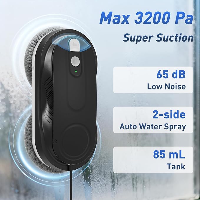 KKI Window Cleaning Robot, Automatic Window Cleaner Robot, Dual Spray, Max 3200Pa, AI Path Planning & Edge Detection, Remote Control for High-Rise Windows, Indoor/Outside,8Cloths