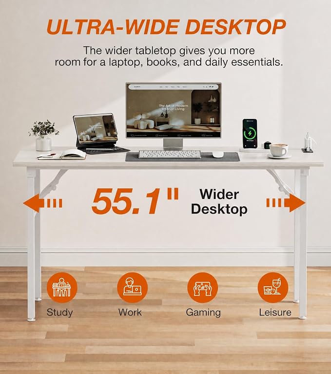 XBurmo Small Folding Desk Folding Table, No Assembly Foldable Desk Gaming Desk, 55.1-Inch Computer Table Workstation with 2 AC Outlets and 2 USB Ports for Bedroom and Home Office, White Ash