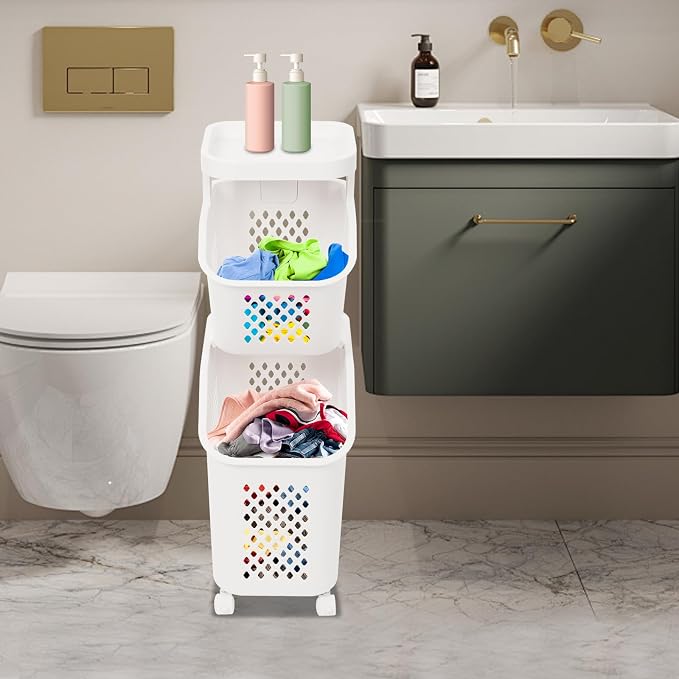 Rolling Slim Laundry Basket on Wheels, Plastic Laundry Sorter Hamper with Removable Basket for Bedroom Toilet Bathroom Kitchen, Space Saving (2-Tier)