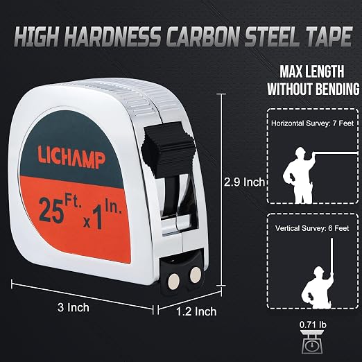 Lichamp 6 Pack Tape Measure 25 ft Magnetic, 1-Inch Wide Measuring Tape | Easy-read fractional markings, heavy-duty, retractable, for construction and DIY