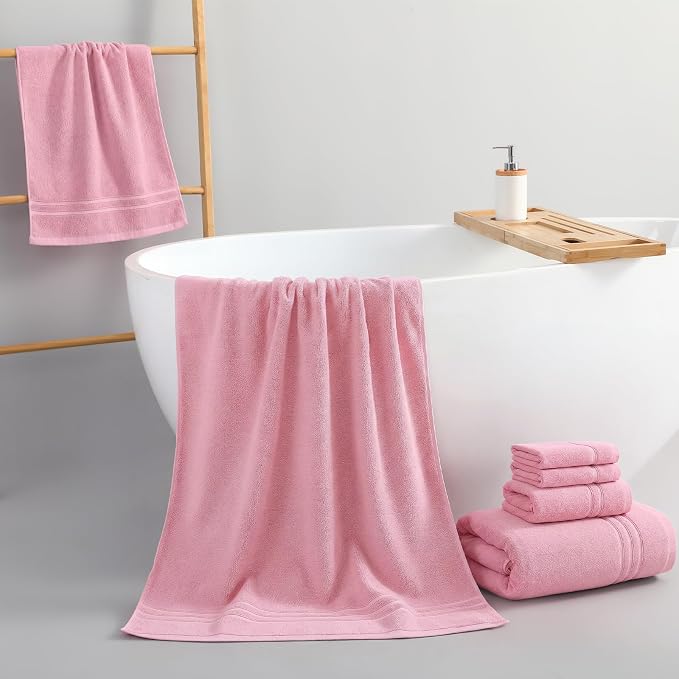 REDKISS Pink Towels Set 6 Piece Cotton Towel Sets with 2 Bath Towels, 2 Hand, 2 Washcloths, 650GSM Hotel Quality, Soft, Highly Absorbent Towels for Bathroom Gym, Ideal Everyday Use