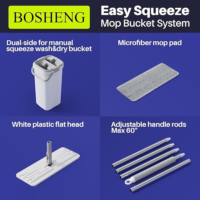 BOSHENG Mop and Bucket Set, Flat Mops for Floor Cleaning, Wall Mop with 60" Extensible Handle, Hardwood Floor Mop with 6 Microfiber Pads
